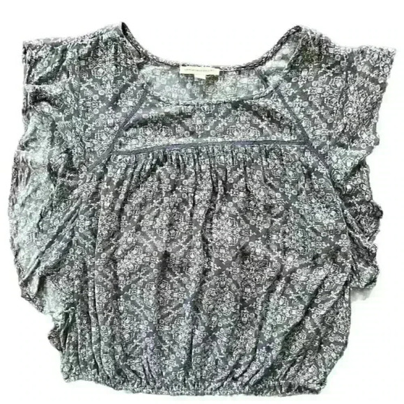 American Eagle Cropped Floral Damask Flutter Sleeve Blouse Top Size Large Blue - Picture 1 of 8